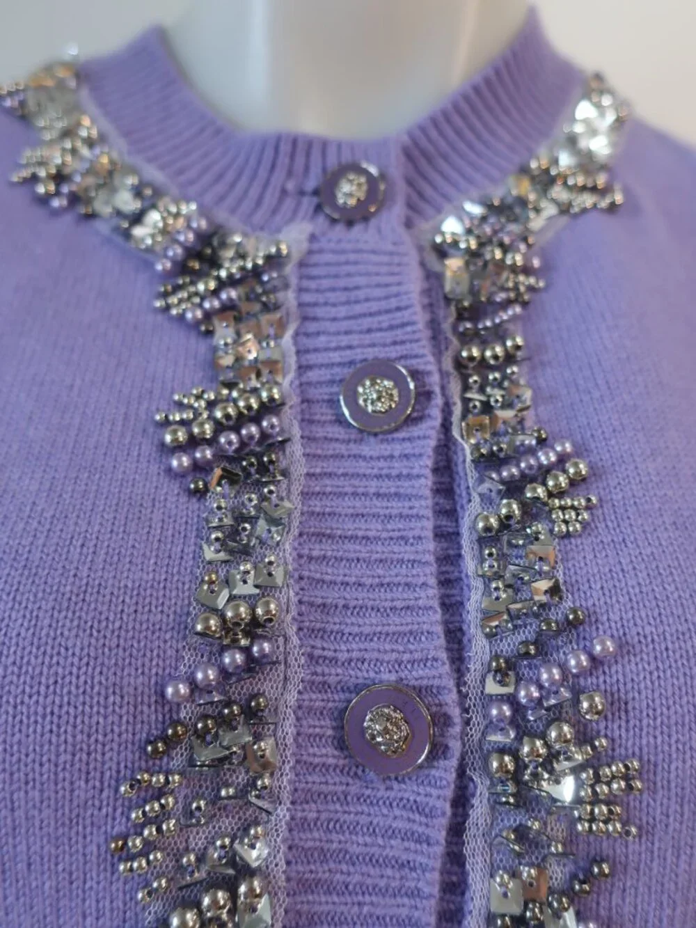 Authentic Chanel Purple Beaded (Item-143) Crop Wool Cardigan Sweater 40 US/6-8